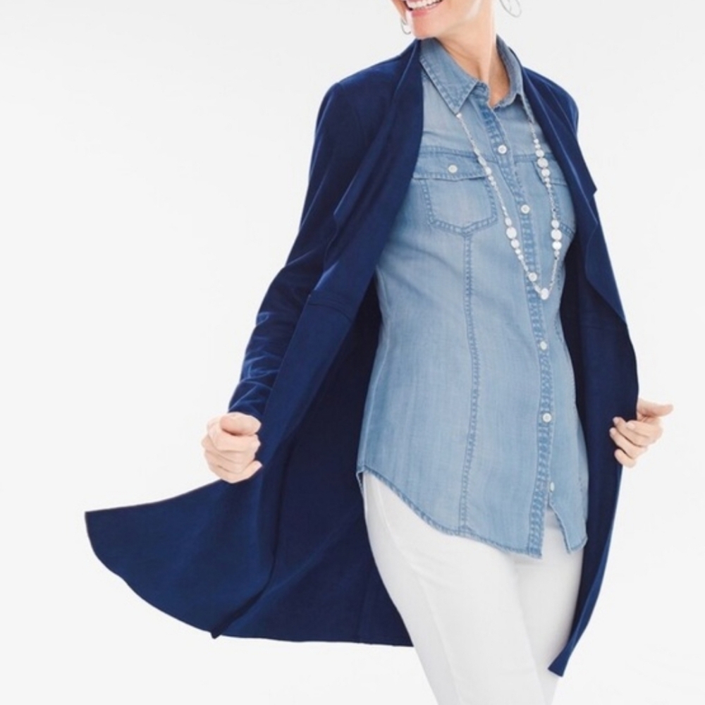 Chico's Double Face Faux Suede Navy Blue Draped Duster Cardigan Women's Size 2